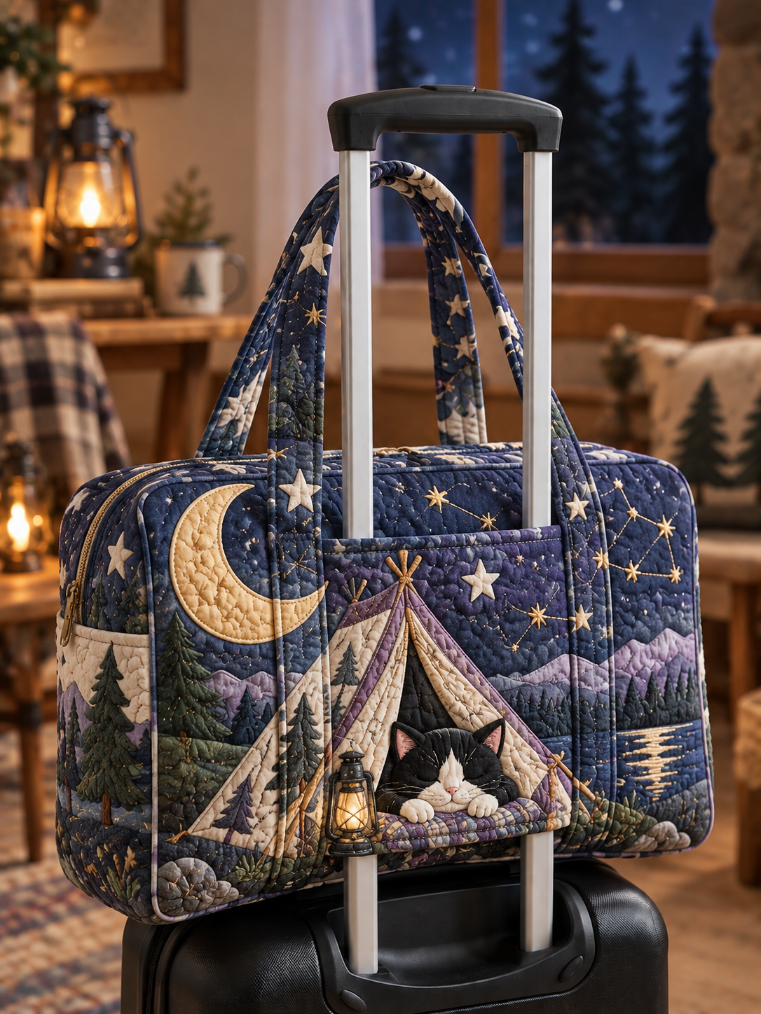 Moonlit Tent Camping Quilted Weekender Bag With Trolley Sleeve