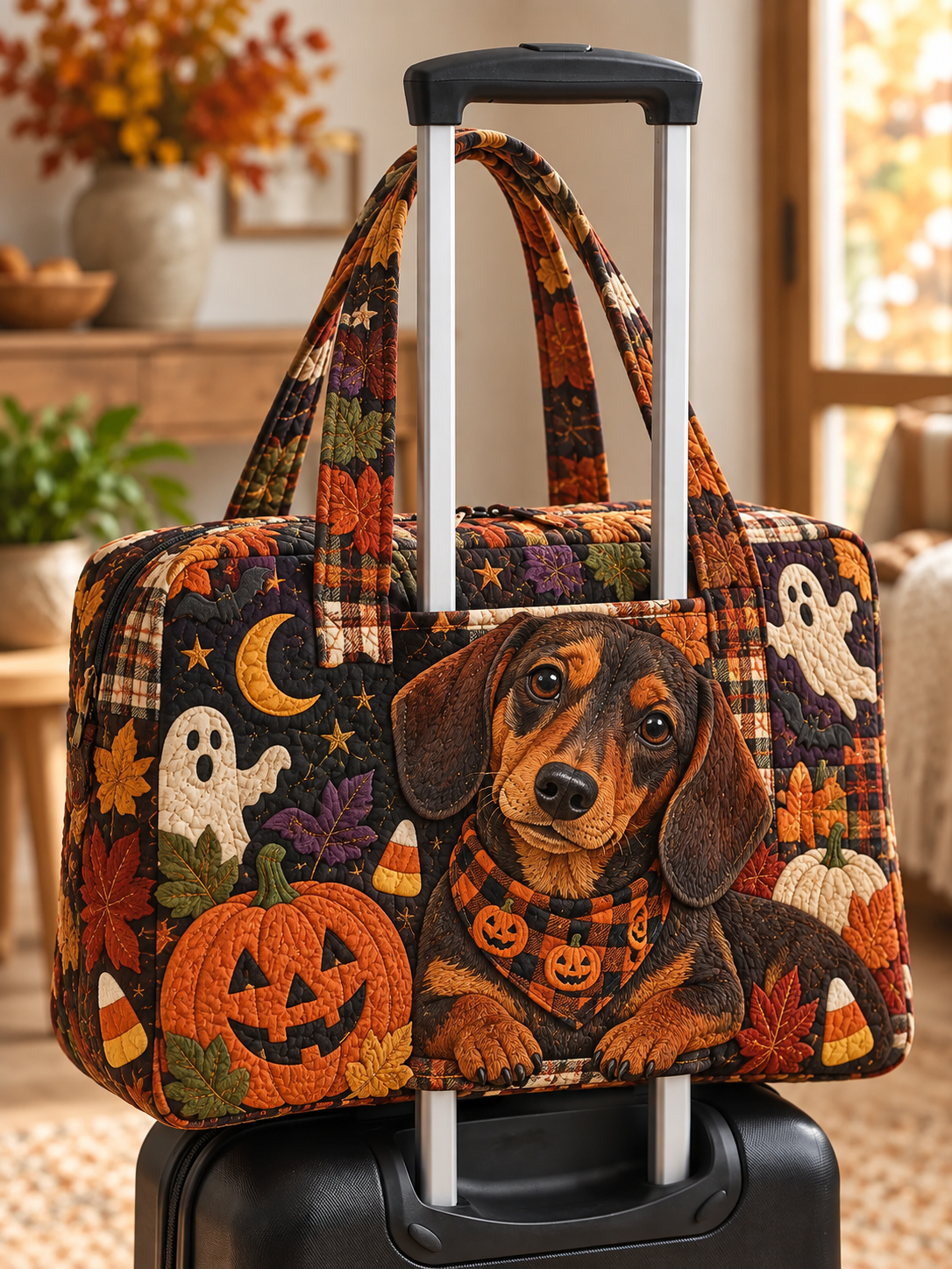 Dachshund Pumpkin Night Quilted Weekender Bag With Trolley Sleeve