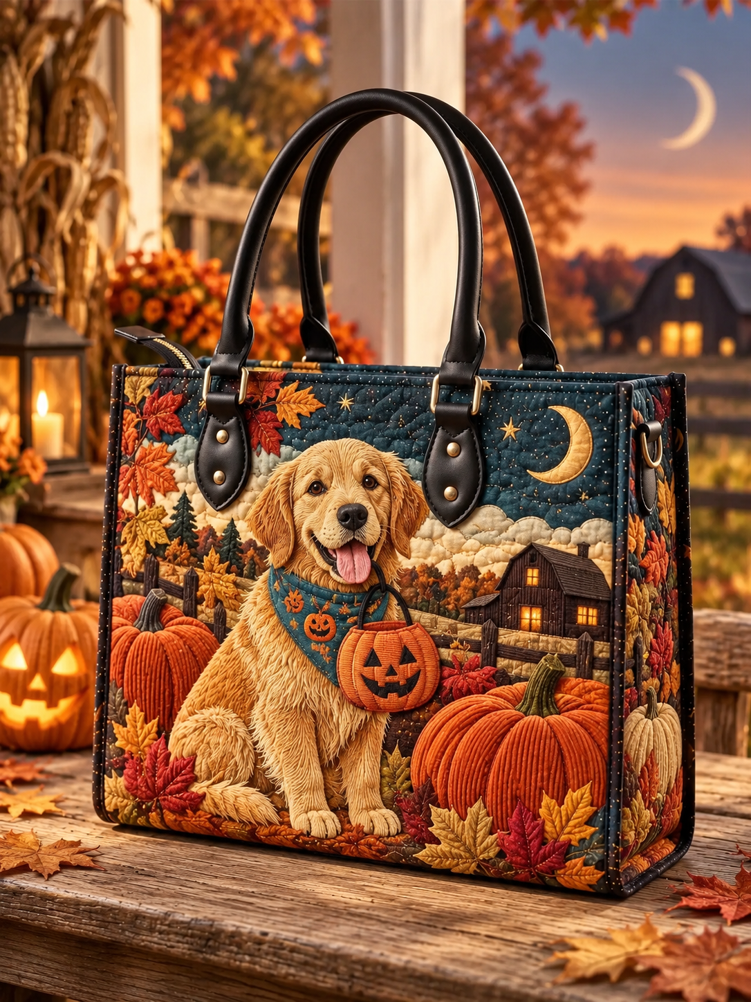 Pumpkin Patch Golden Pup Quilted Leather Strap Bible Handbag
