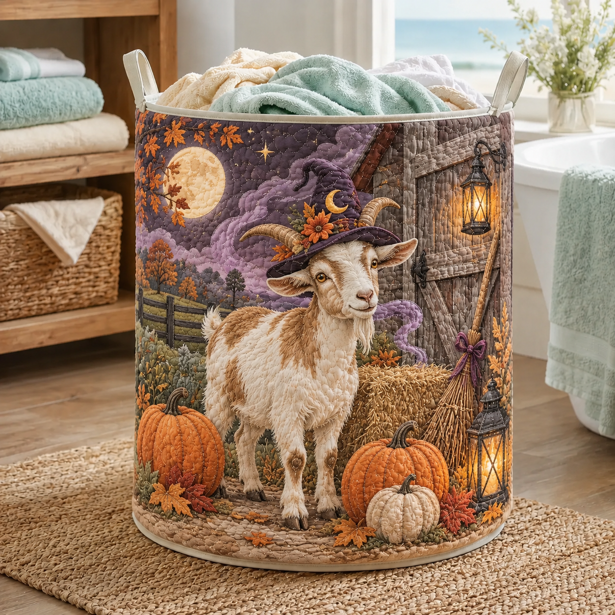 Witch Goat Pumpkin Patch Quilted Laundry Basket