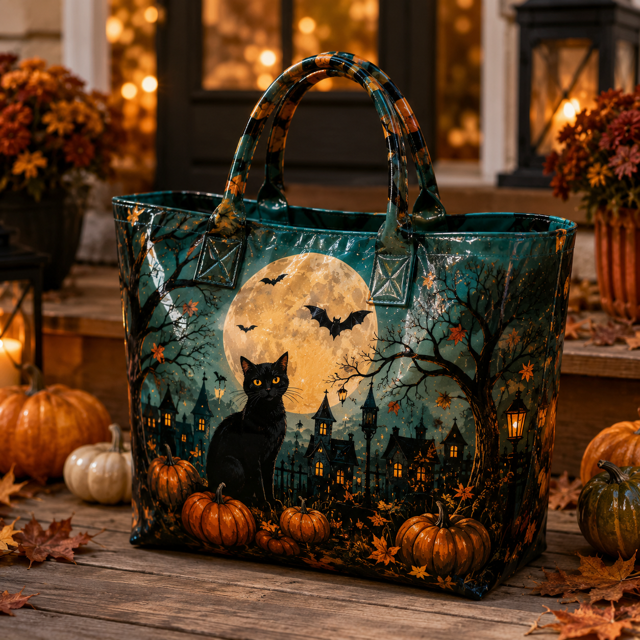 Black Cat Moonlight Halloween PVC Tote Bag