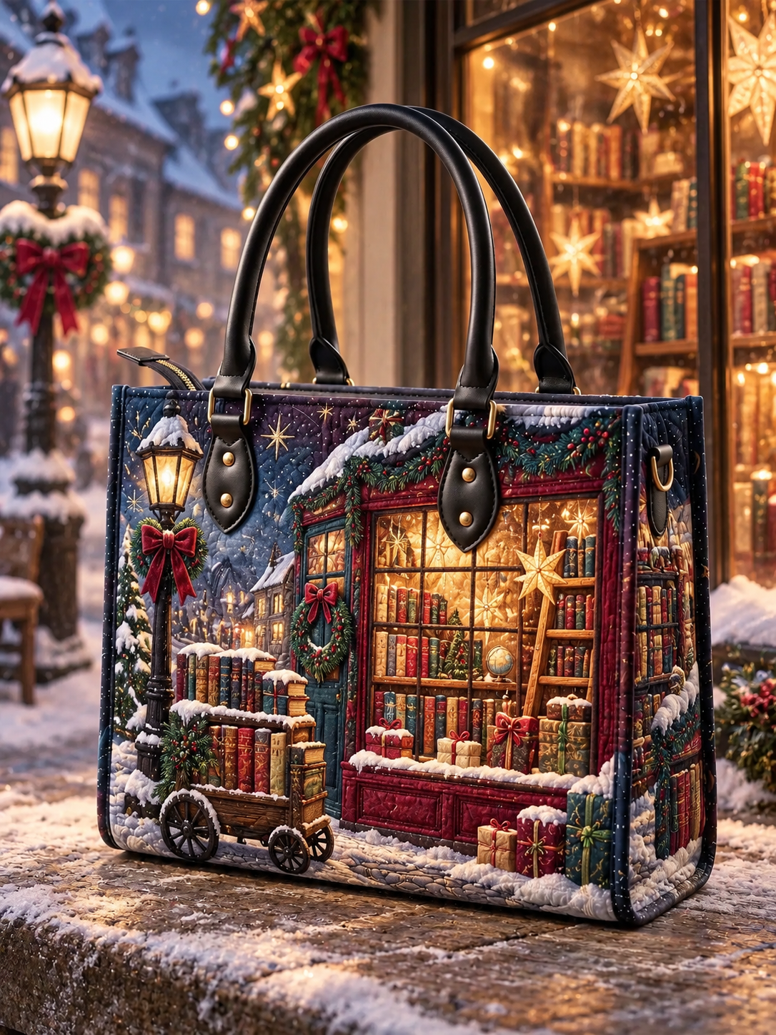 Snowy Christmas Bookshop Quilted Leather Strap Bible Handbag