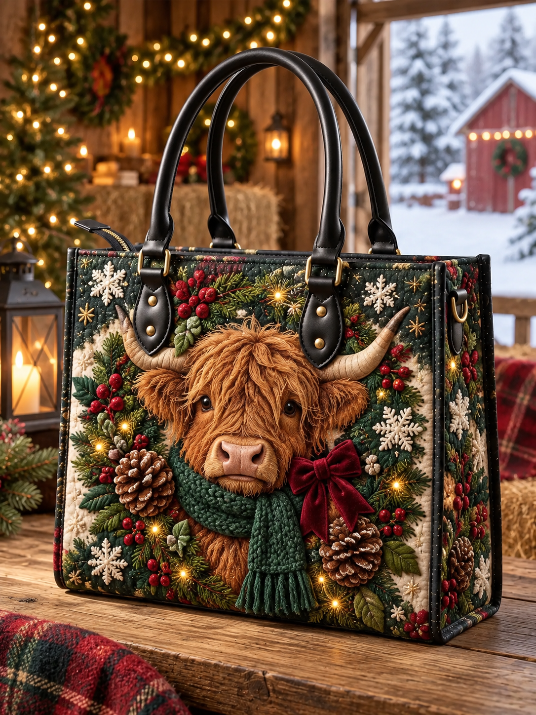 Highland Cow Christmas Wreath Quilted Leather Strap Bible Handbag