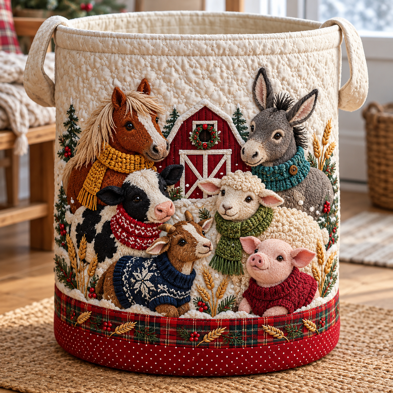 Christmas Farm Animal Friends Quilted Laundry Basket