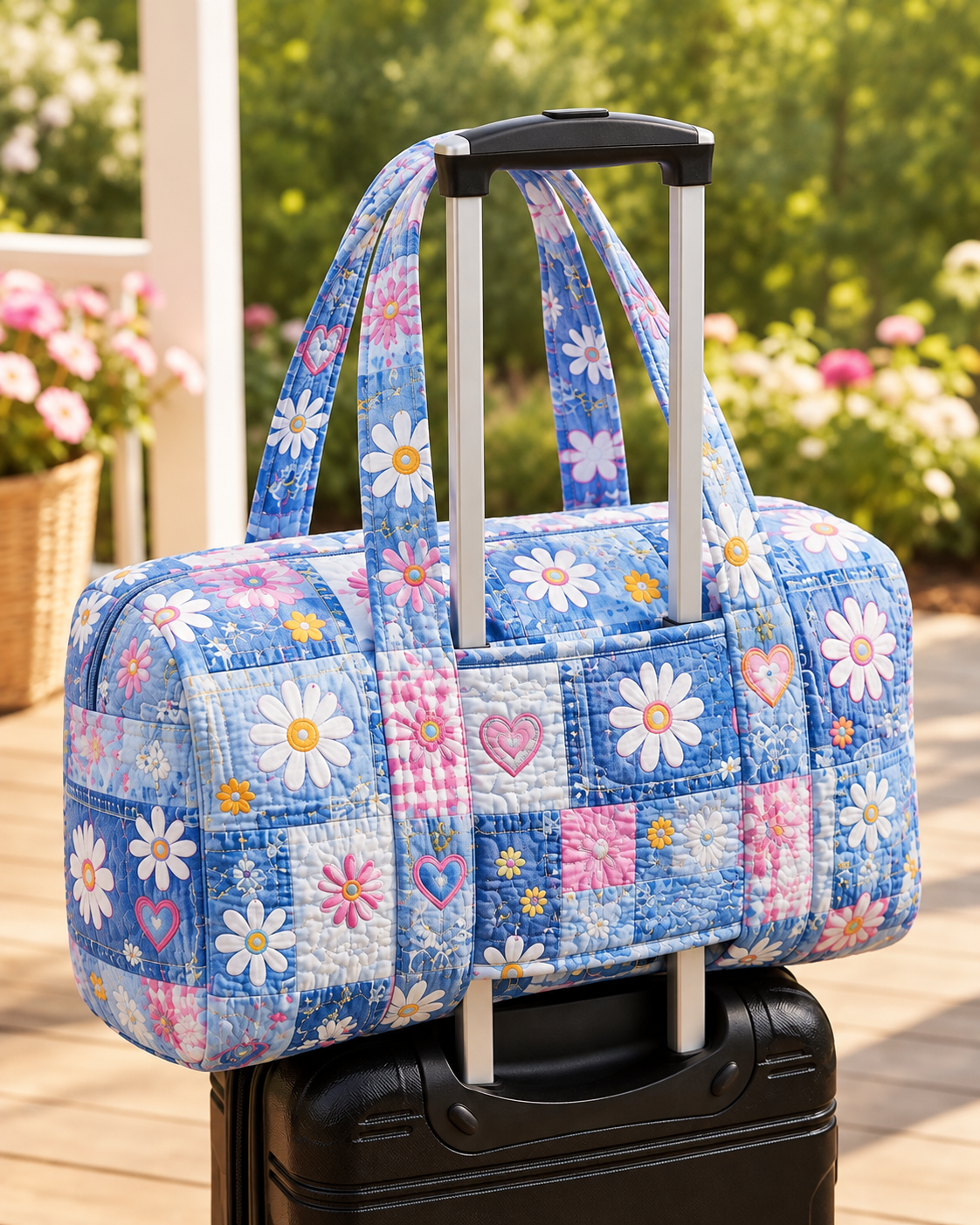 Blue Daisy Patchwork Quilted Weekender Bag With Trolley Sleeve