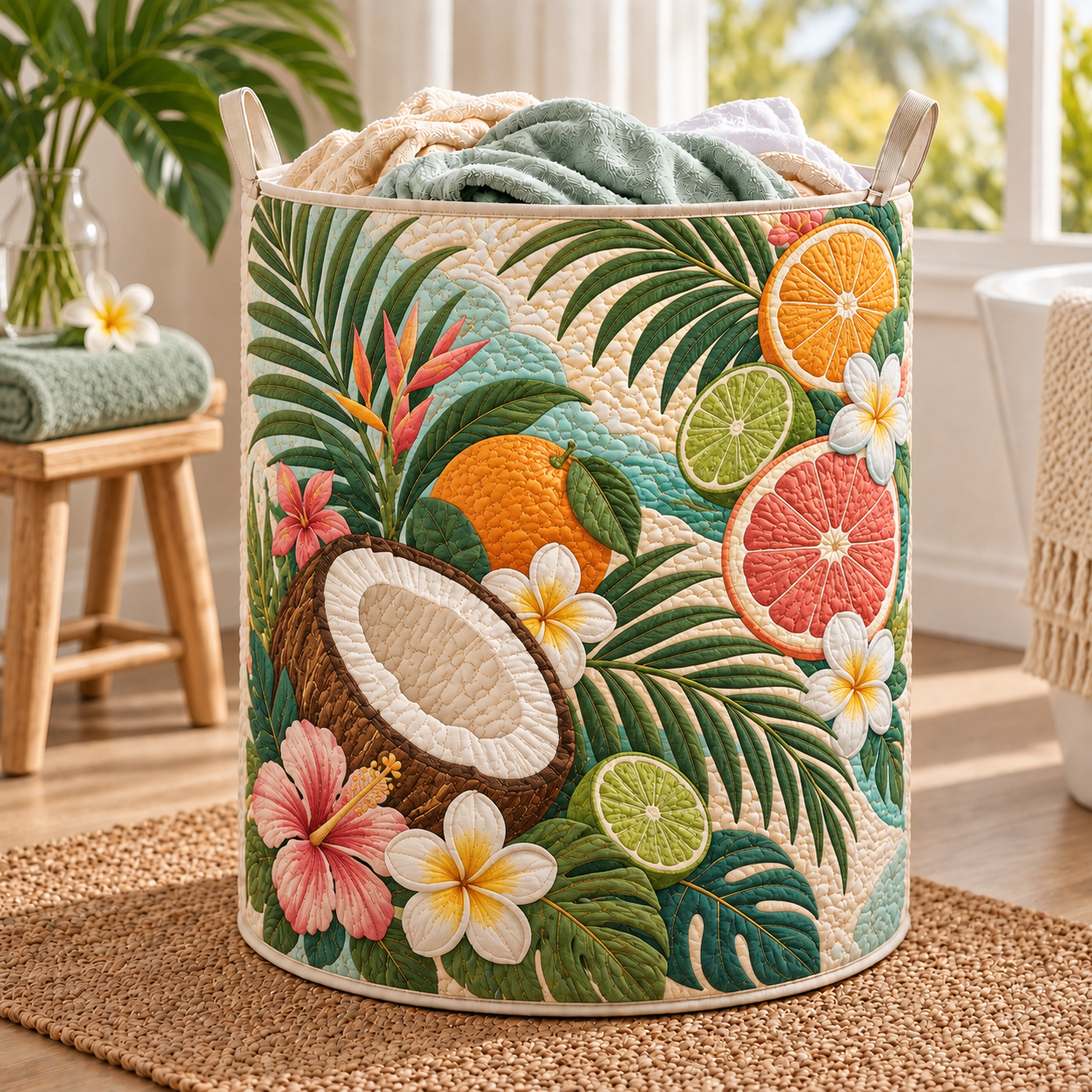 Tropical Citrus Bloom Quilted Laundry Basket