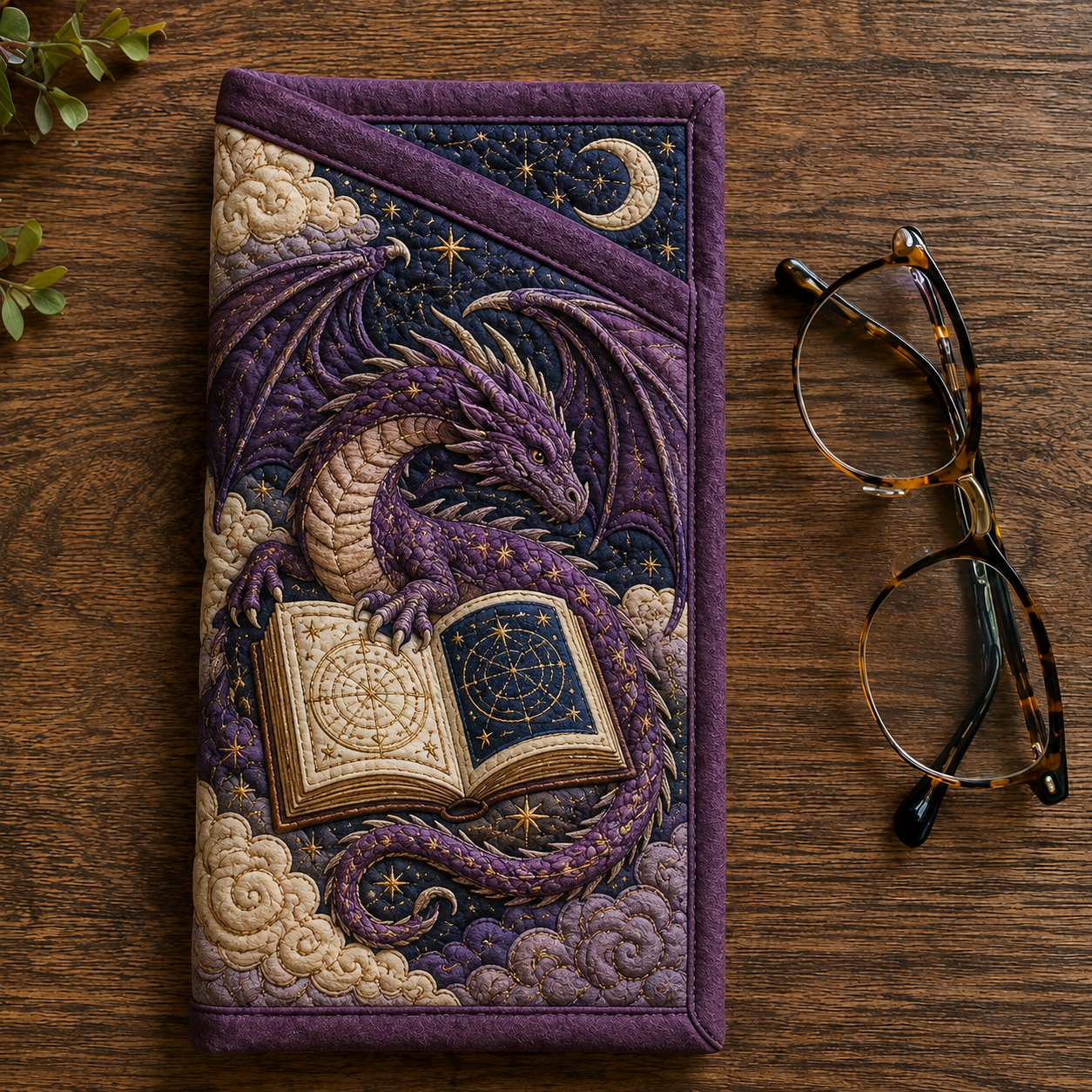 Moonlit Purple Dragon & Spellbook Quilted Eyeglass Case