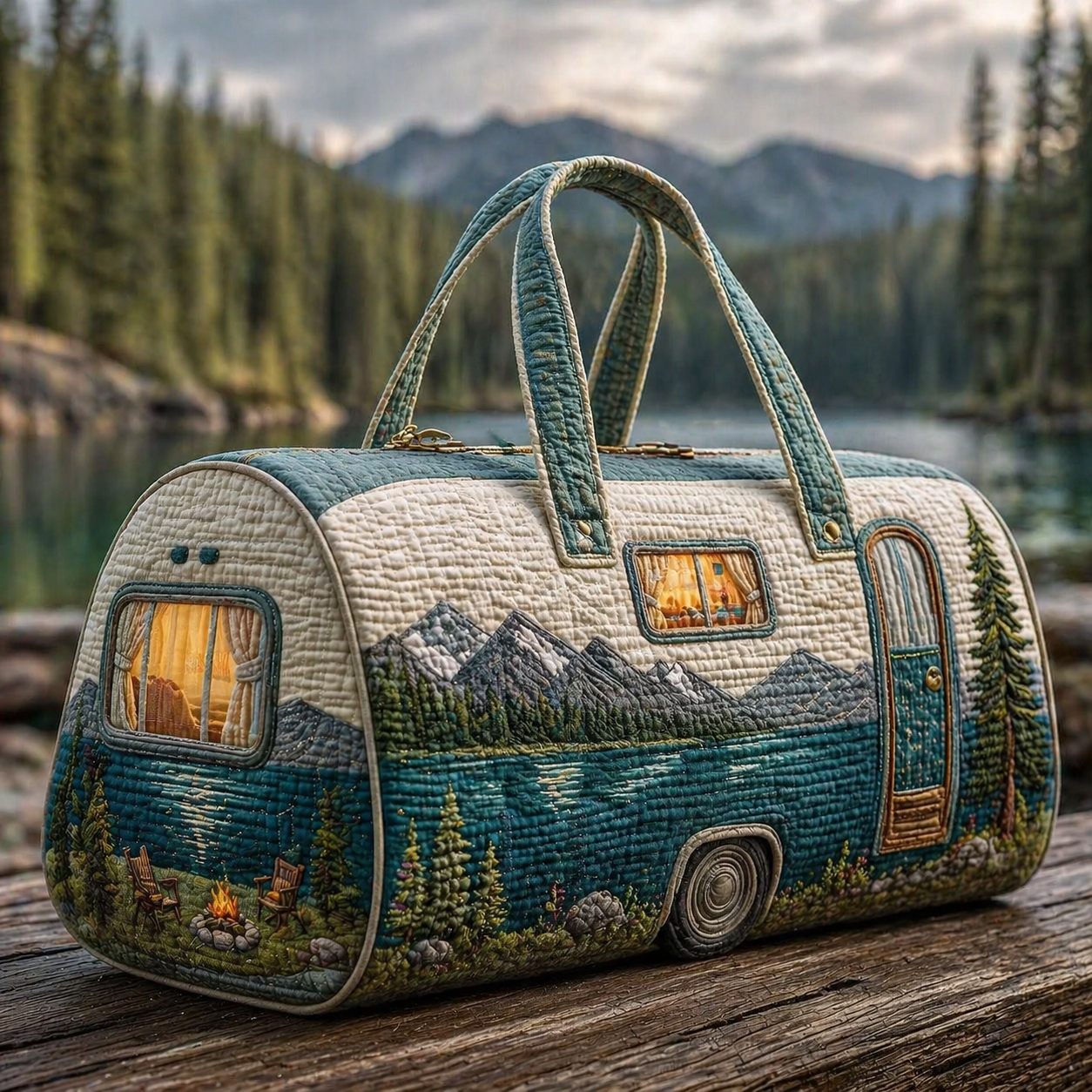 Mountain Lake Camper Hippie Van Quilted Duffle Bag