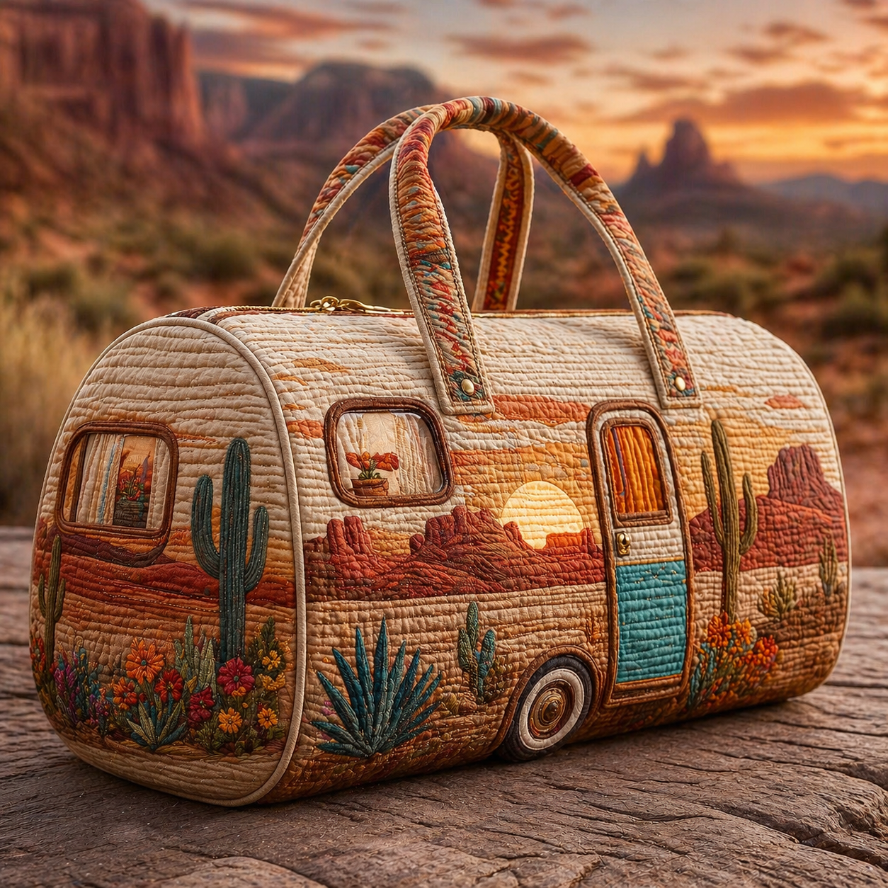 Desert Cactus Sunset Hippie Van Quilted Duffle Bag