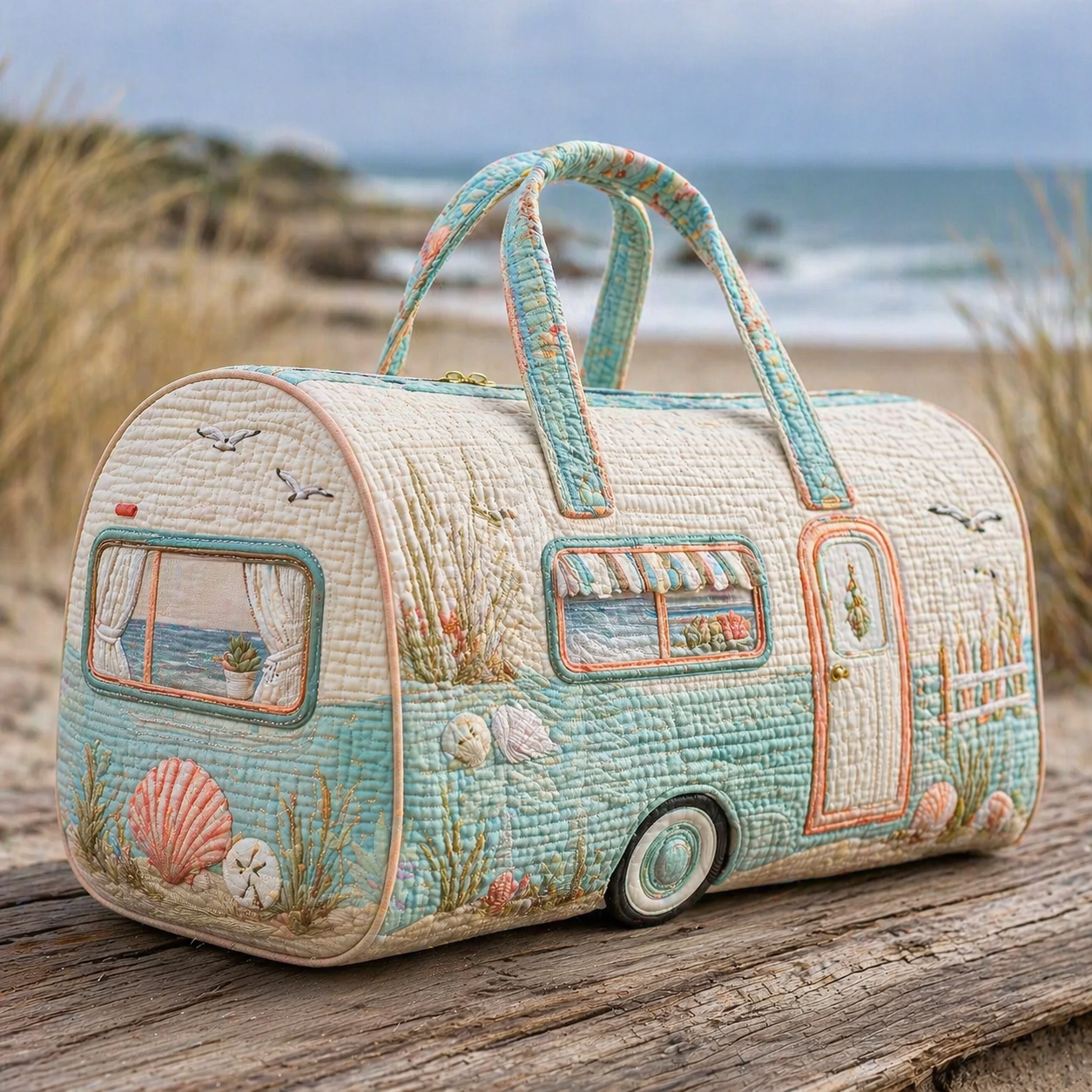 Coastal Seashell & Seagull Hippie Van Quilted Duffle Bag