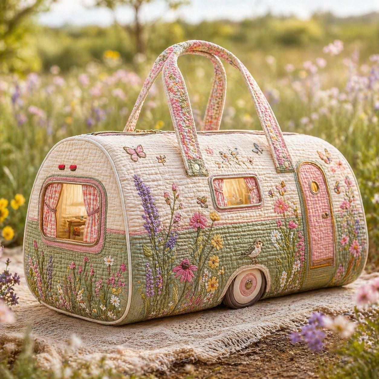 Cottage Garden Butterfly Camper Hippie Van Quilted Duffle Bag