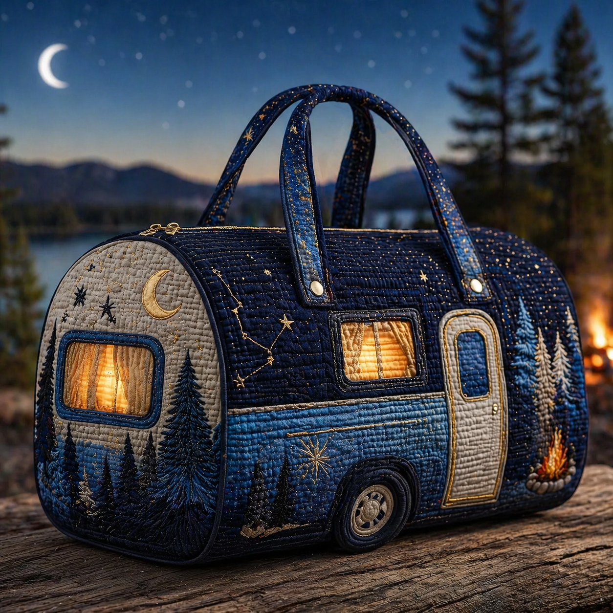 Celestial Starry Night Camper Hippie Van Quilted Duffle Bag