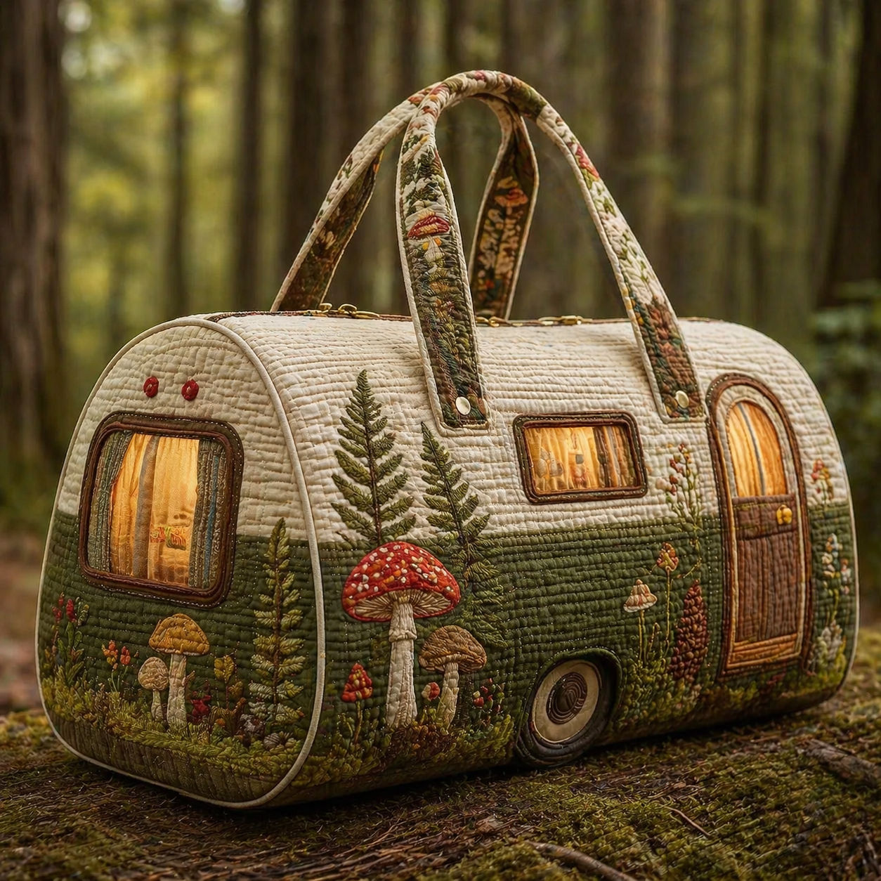 Forest Mushroom & Fern Camper Hippie Van Quilted Duffle Bag