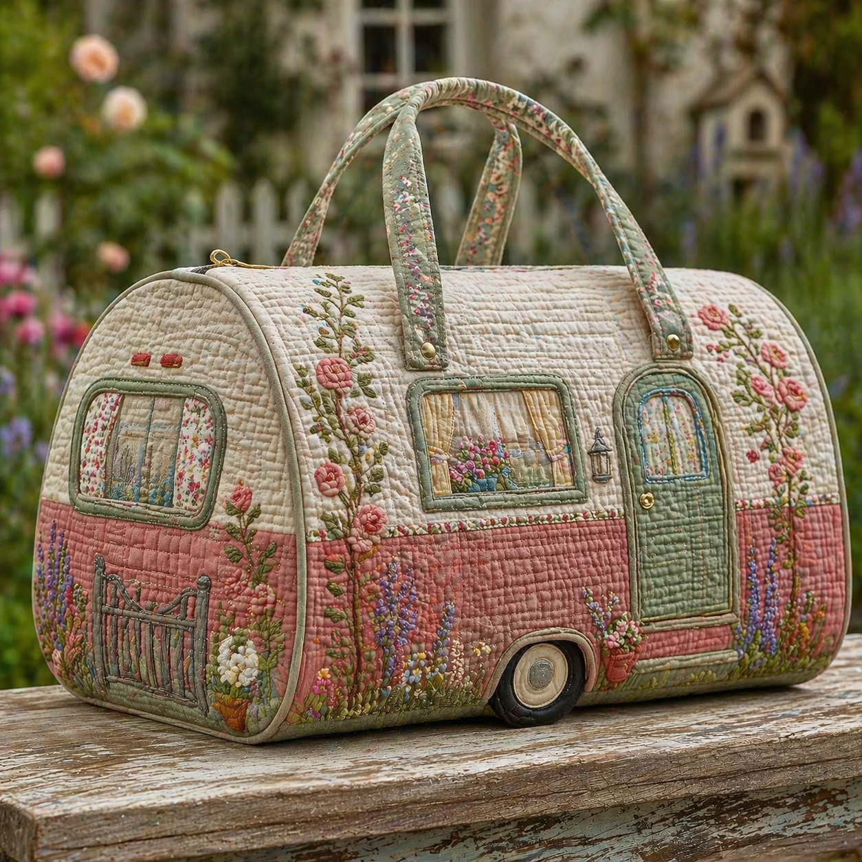 English Rose Garden Camper Hippie Van Quilted Duffle Bag