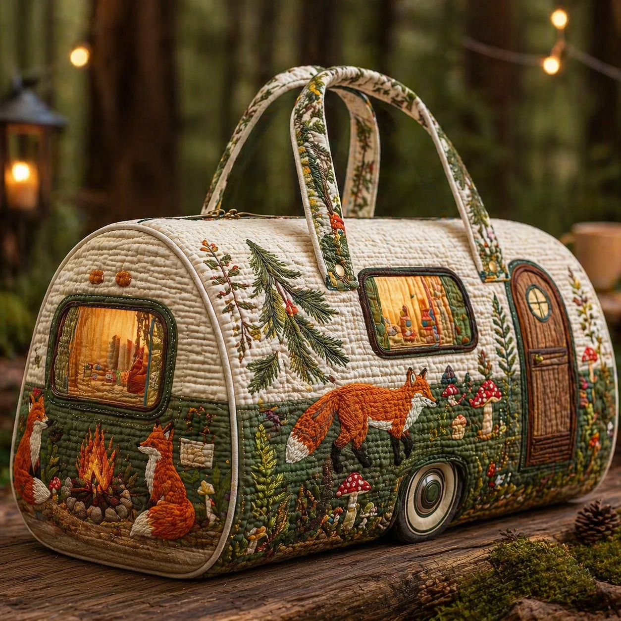 Woodland Fox & Campfire Camper Hippie Van Quilted Duffle Bag