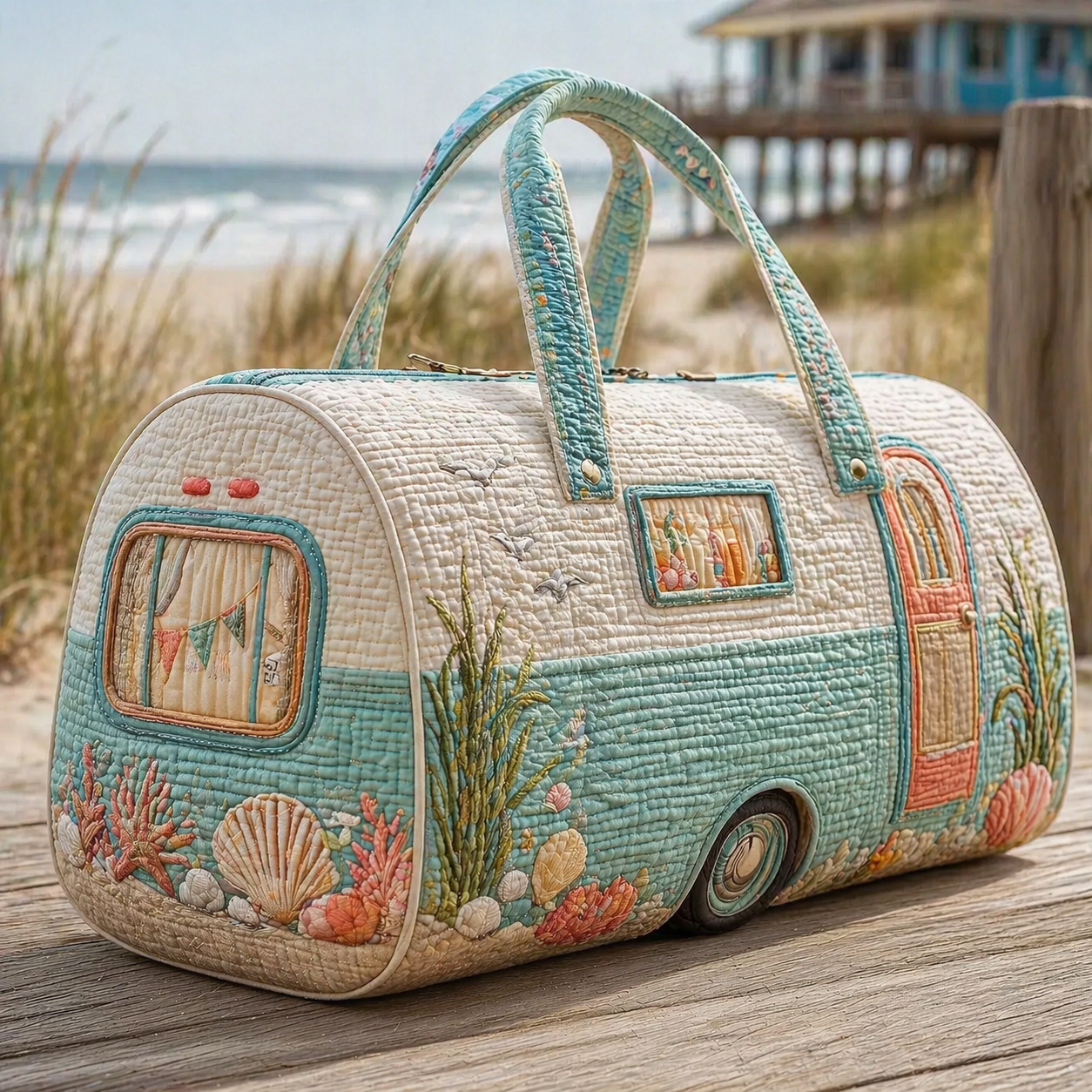 Beach Coral & Shell Hippie Van Quilted Duffle Bag