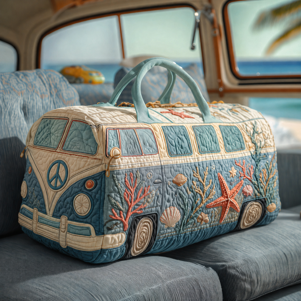 Coral & Starfish Quilted Hippie Van Quilted Duffle Bag