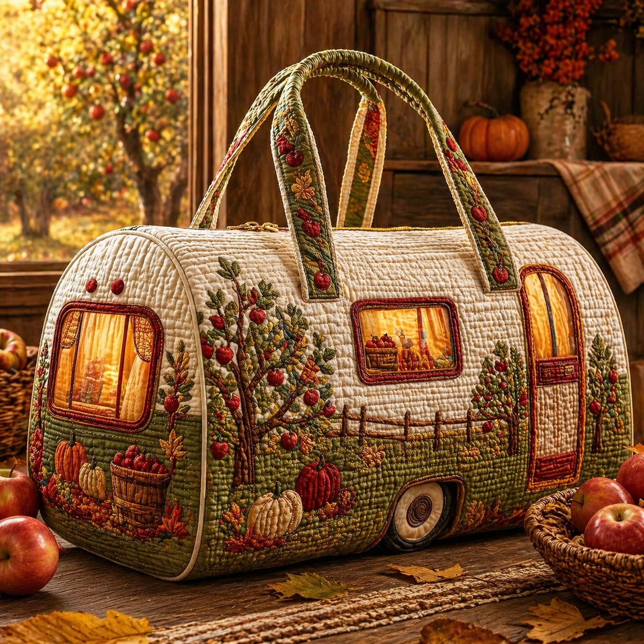 Autumn Apple Orchard Hippie Van Quilted Duffle Bag