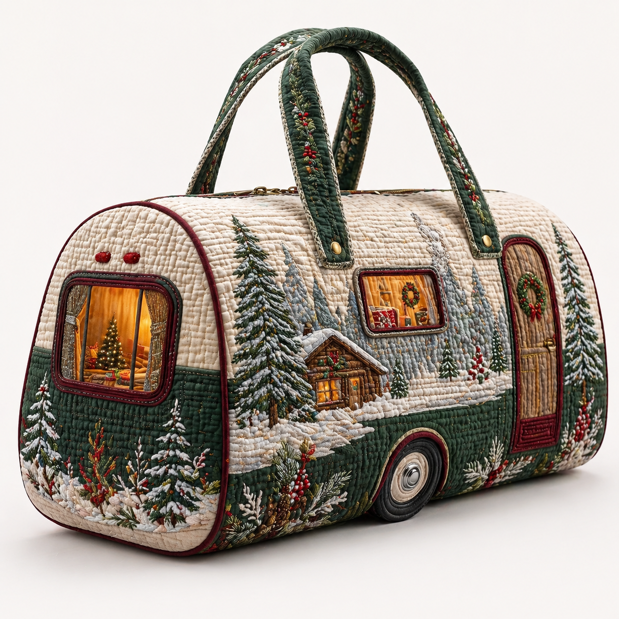 Christmas Cabin & Pine Tree Hippie Van Quilted Duffle Bag