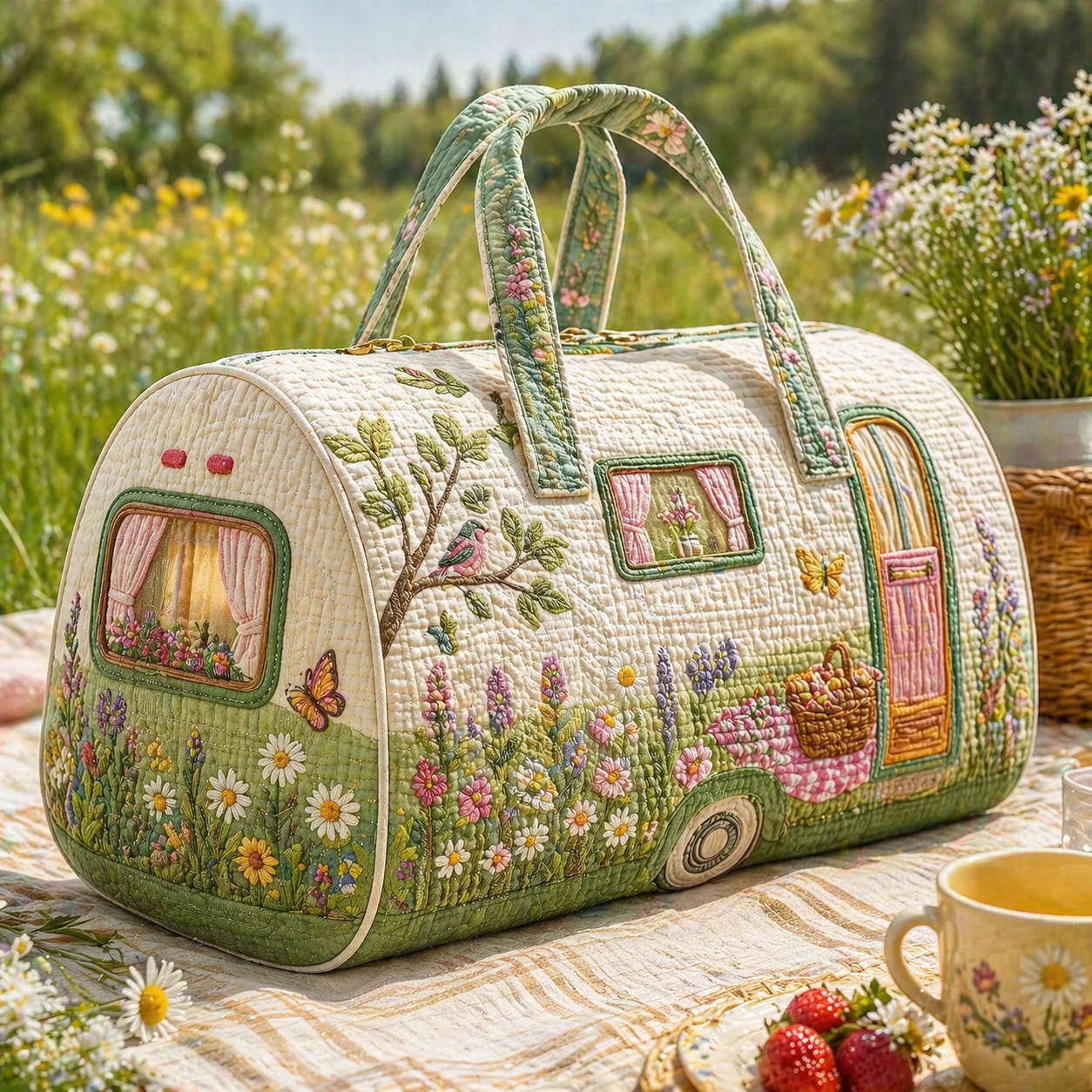 Spring Meadow Bird & Butterfly Hippie Van Quilted Duffle Bag