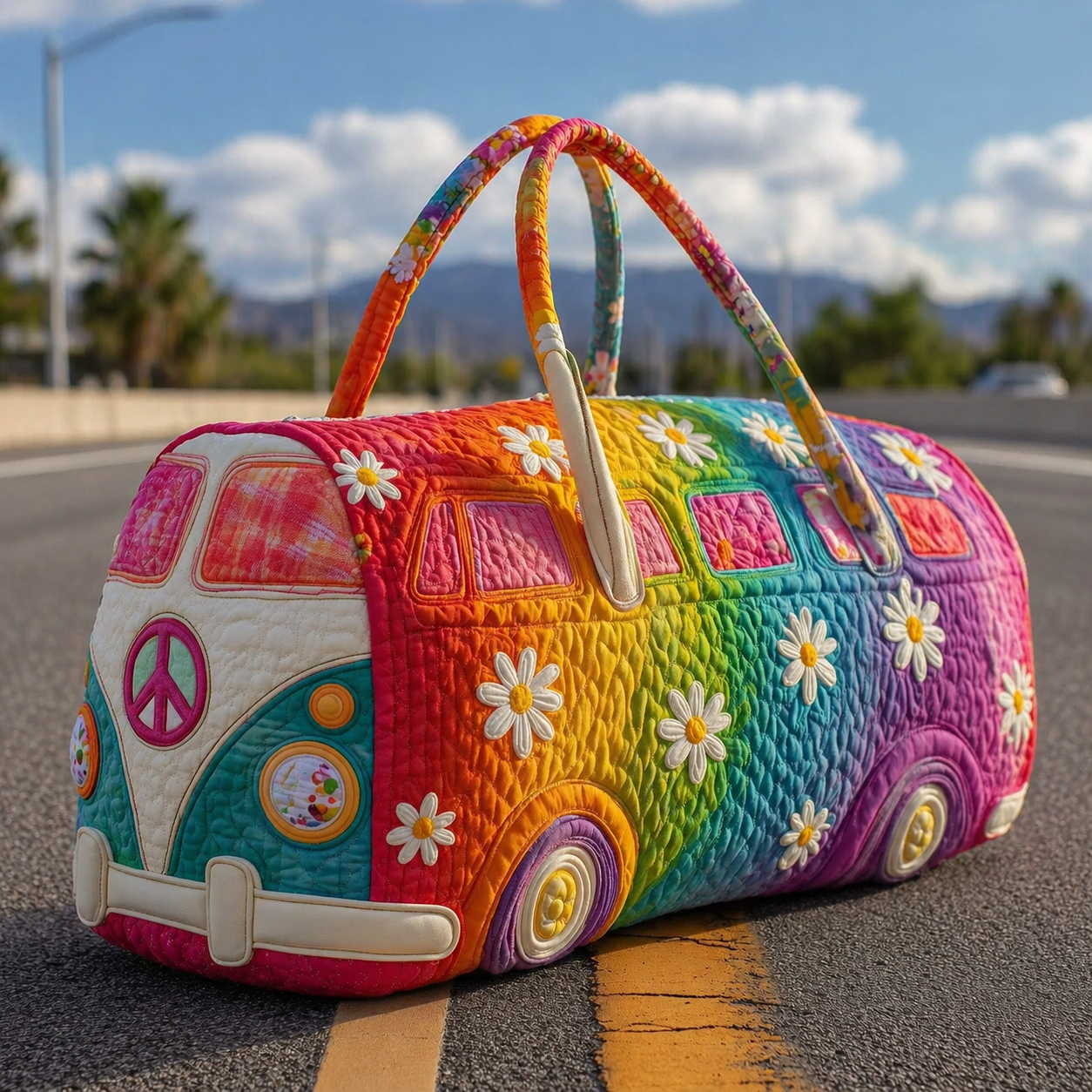 Tie-Dye Rainbow Daisy Hippie Van Quilted Duffle Bag