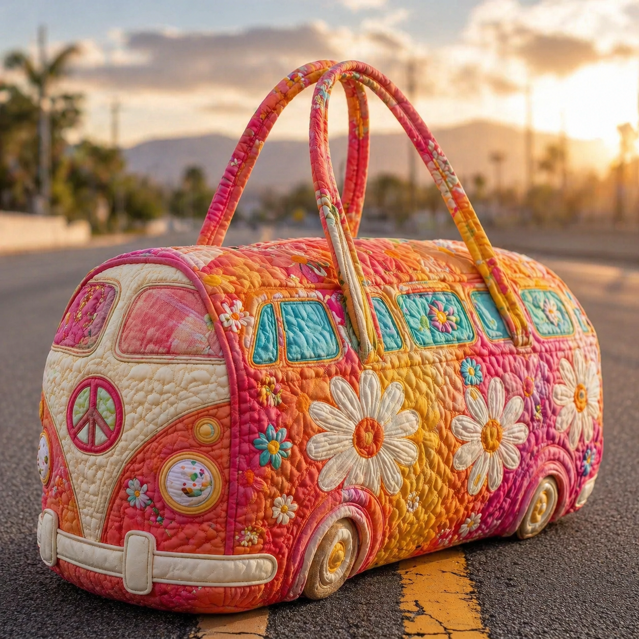 Sunset Orange Floral Daisy Hippie Van Quilted Duffle Bag