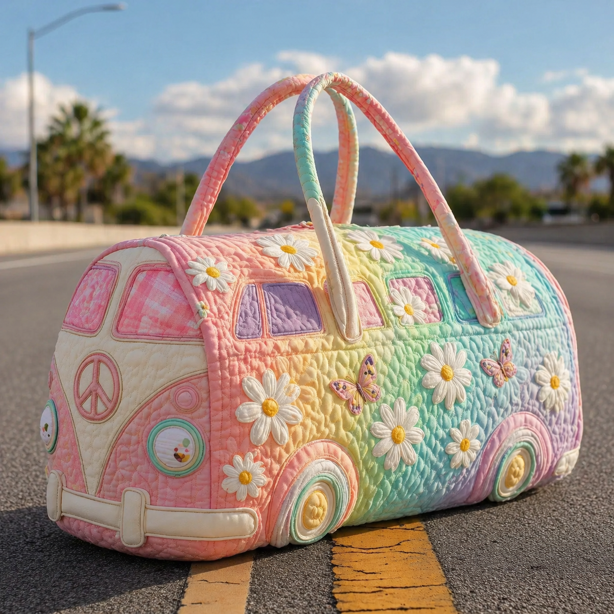 Pastel Rainbow Daisy & Butterfly Hippie Van Quilted Duffle Bag