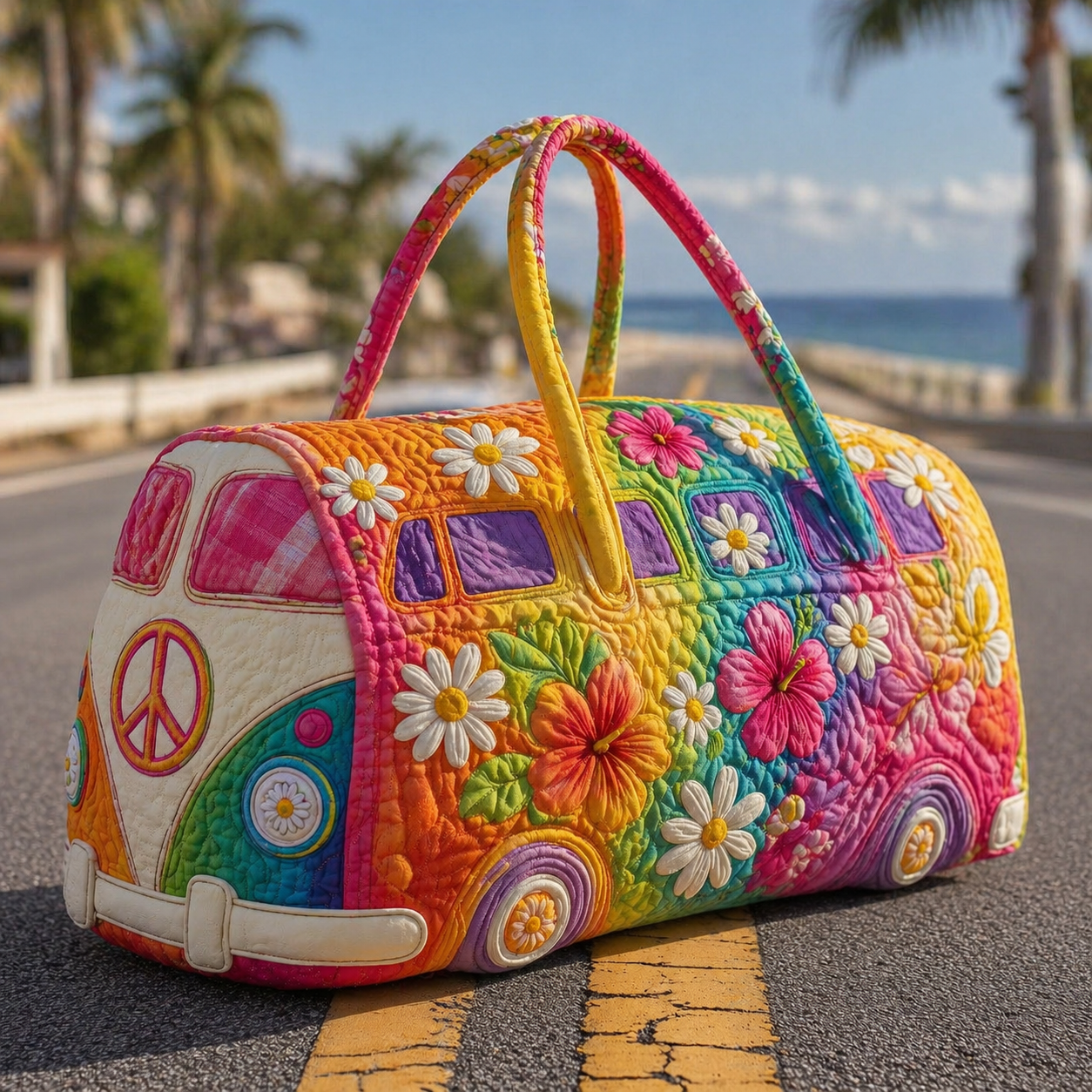 Tropical Hibiscus Rainbow Hippie Van Quilted Duffle Bag