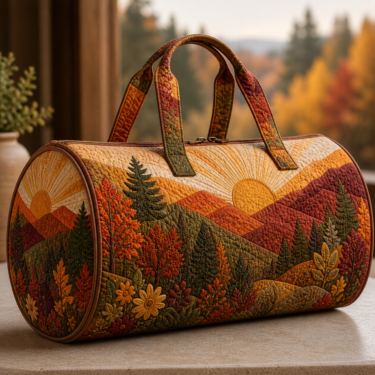 Autumn Mountain Sunrise Quilted Weekender Bag