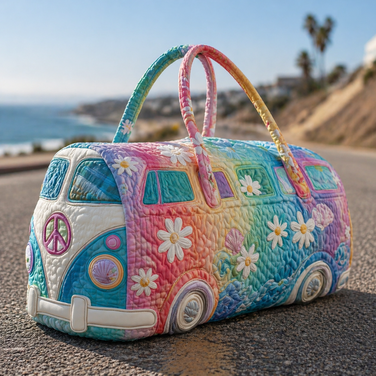 Ocean Shell Pastel Rainbow Hippie Van Quilted Duffle Bag
