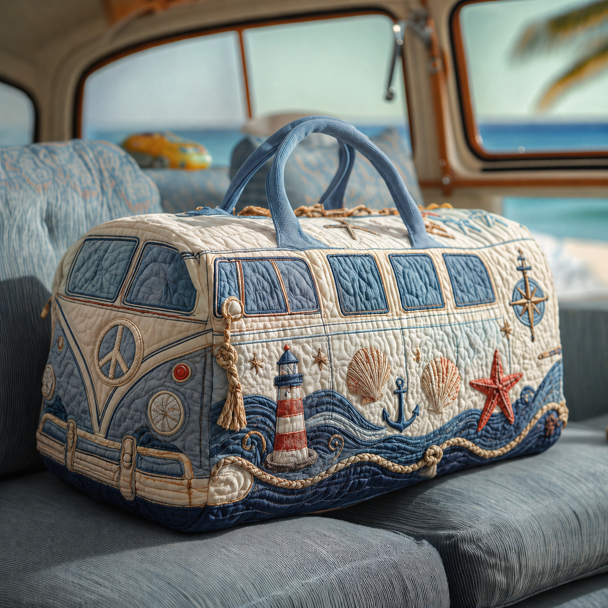Nautical Lighthouse & Anchor Hippie Van Quilted Duffle Bag