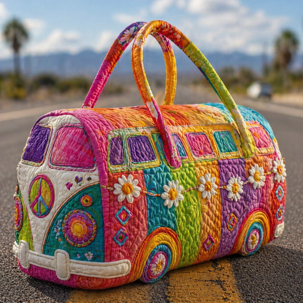 Color Block Bohemian Daisy Hippie Van Quilted Duffle Bag