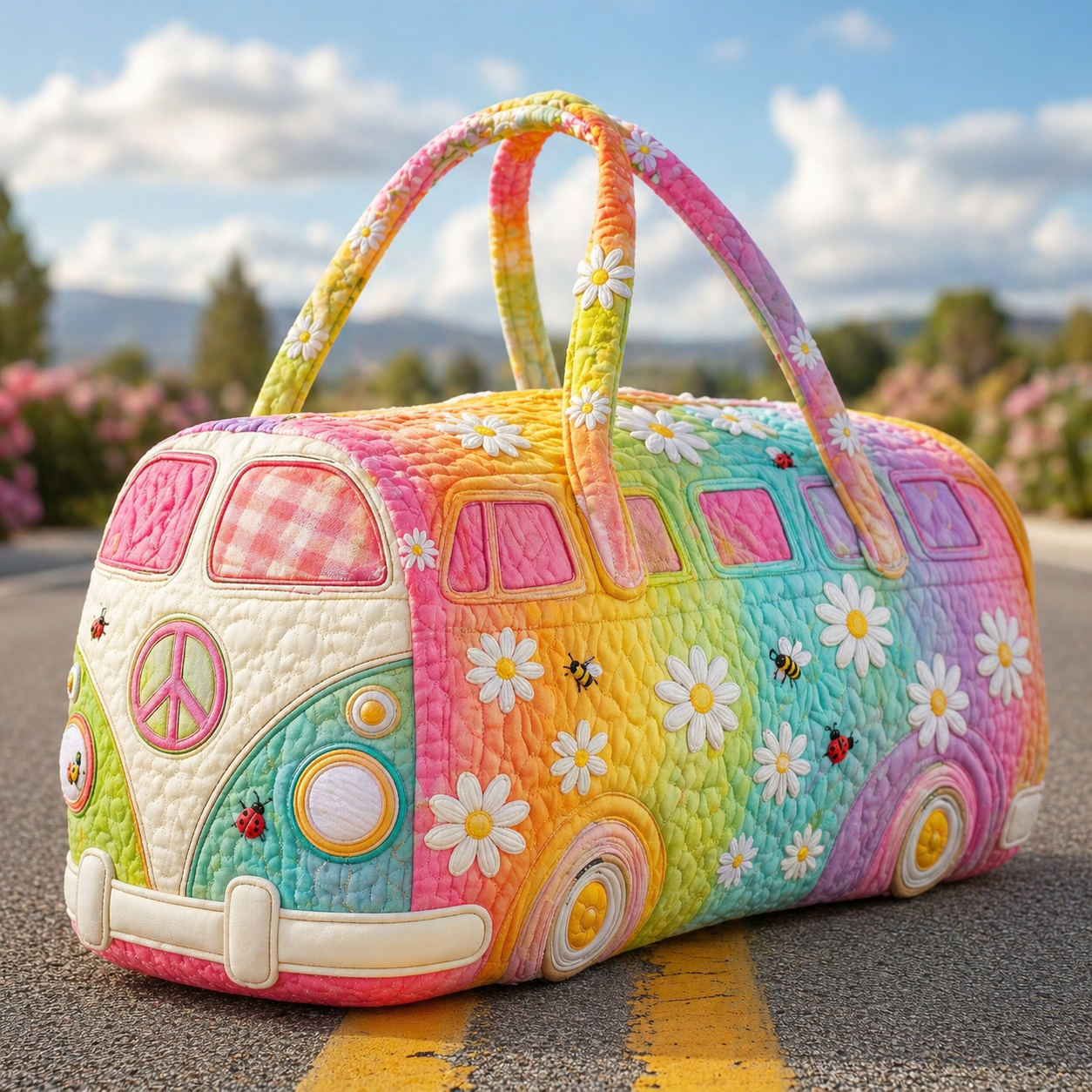 Rainbow Daisy & Ladybug Hippie Van Quilted Duffle Bag