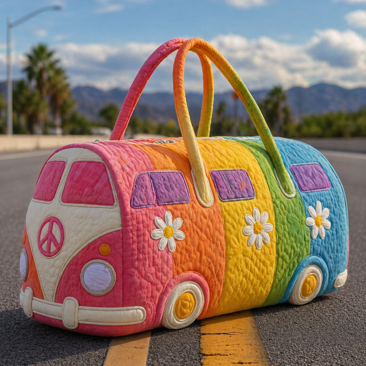 Pastel Rainbow Stripe Daisy Hippie Van Quilted Duffle Bag
