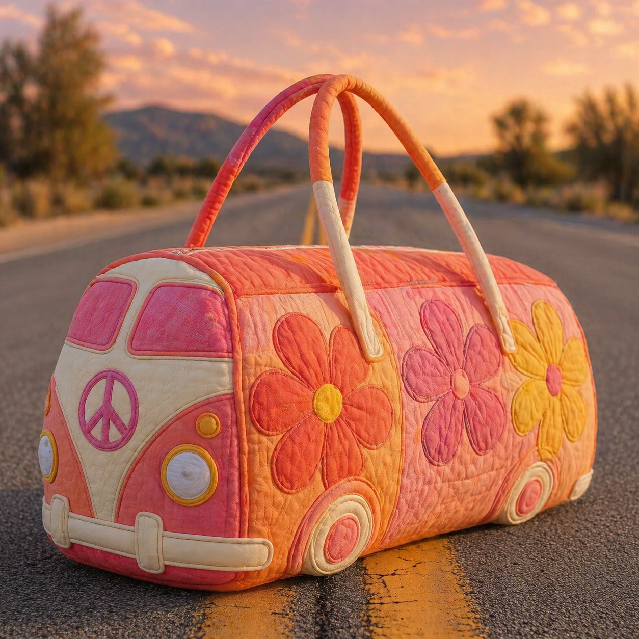 Sunset Orange Floral Hippie Van Quilted Duffle Bag