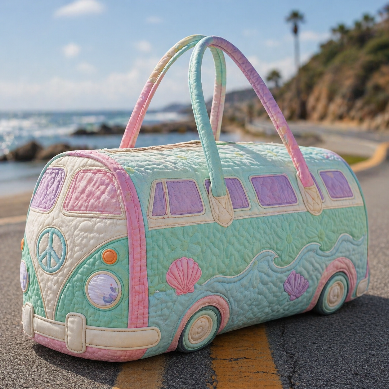 Pastel Seashell Beach Hippie Van Quilted Duffle Bag