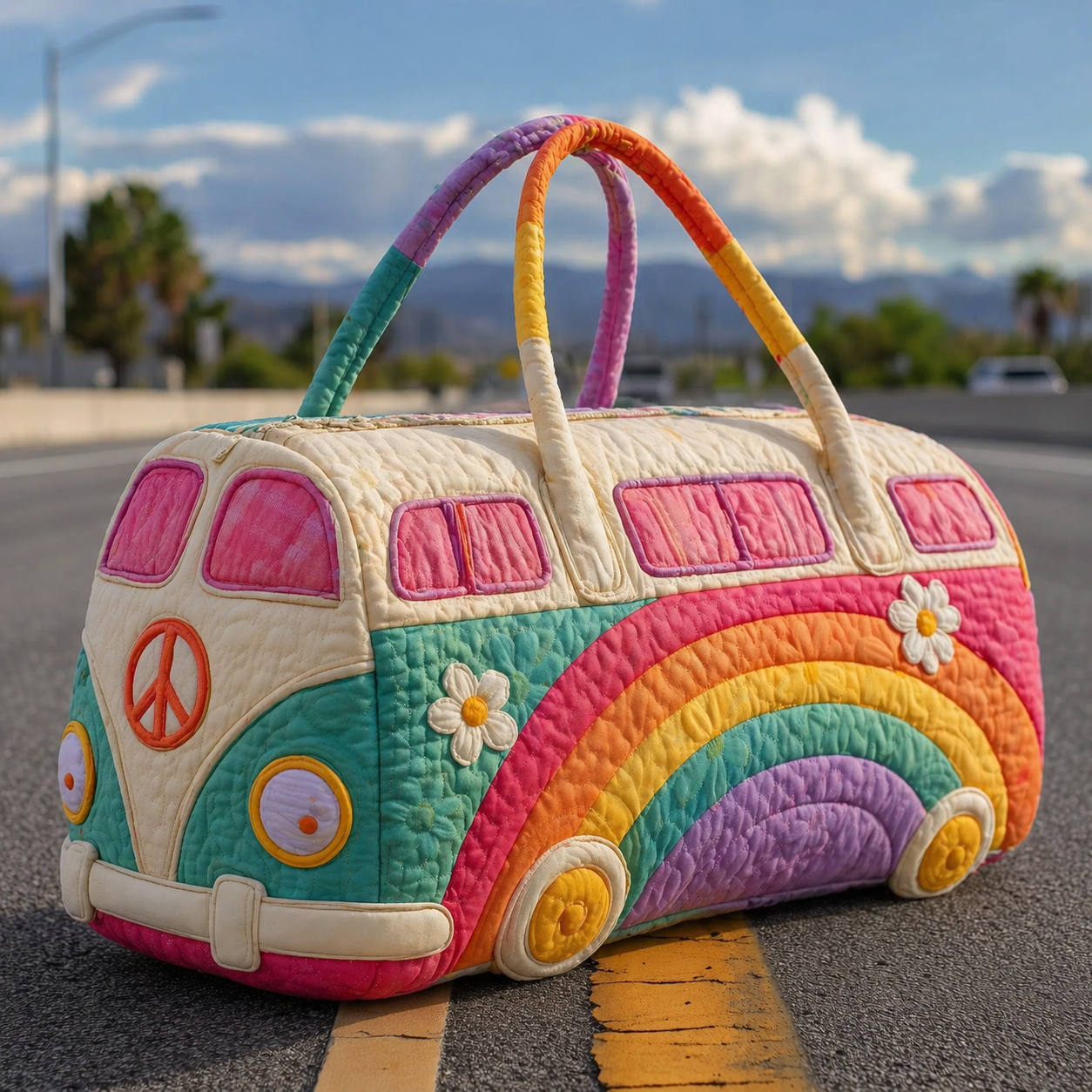 Boho Rainbow & Daisy Hippie Van Quilted Duffle Bag