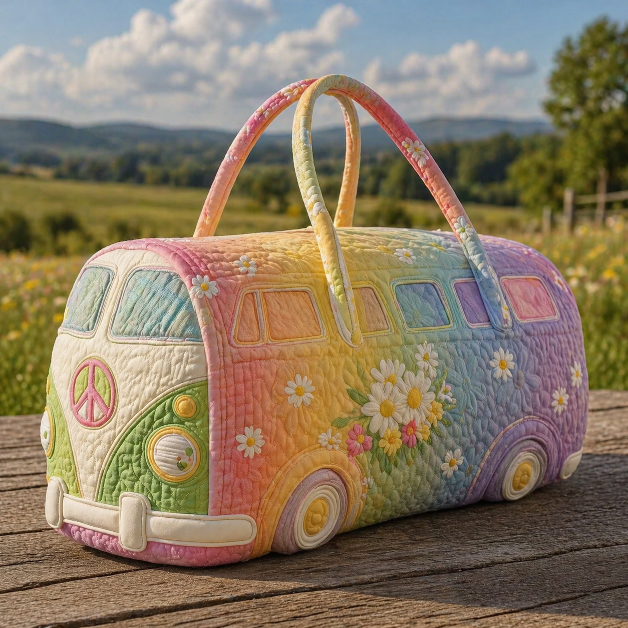 Ombre Rainbow Daisy Hippie Van Quilted Duffle Bag