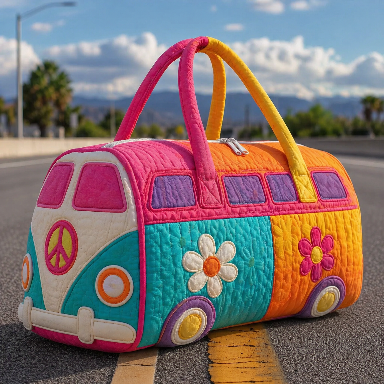 Color Block Floral Hippie Van Quilted Duffle Bag