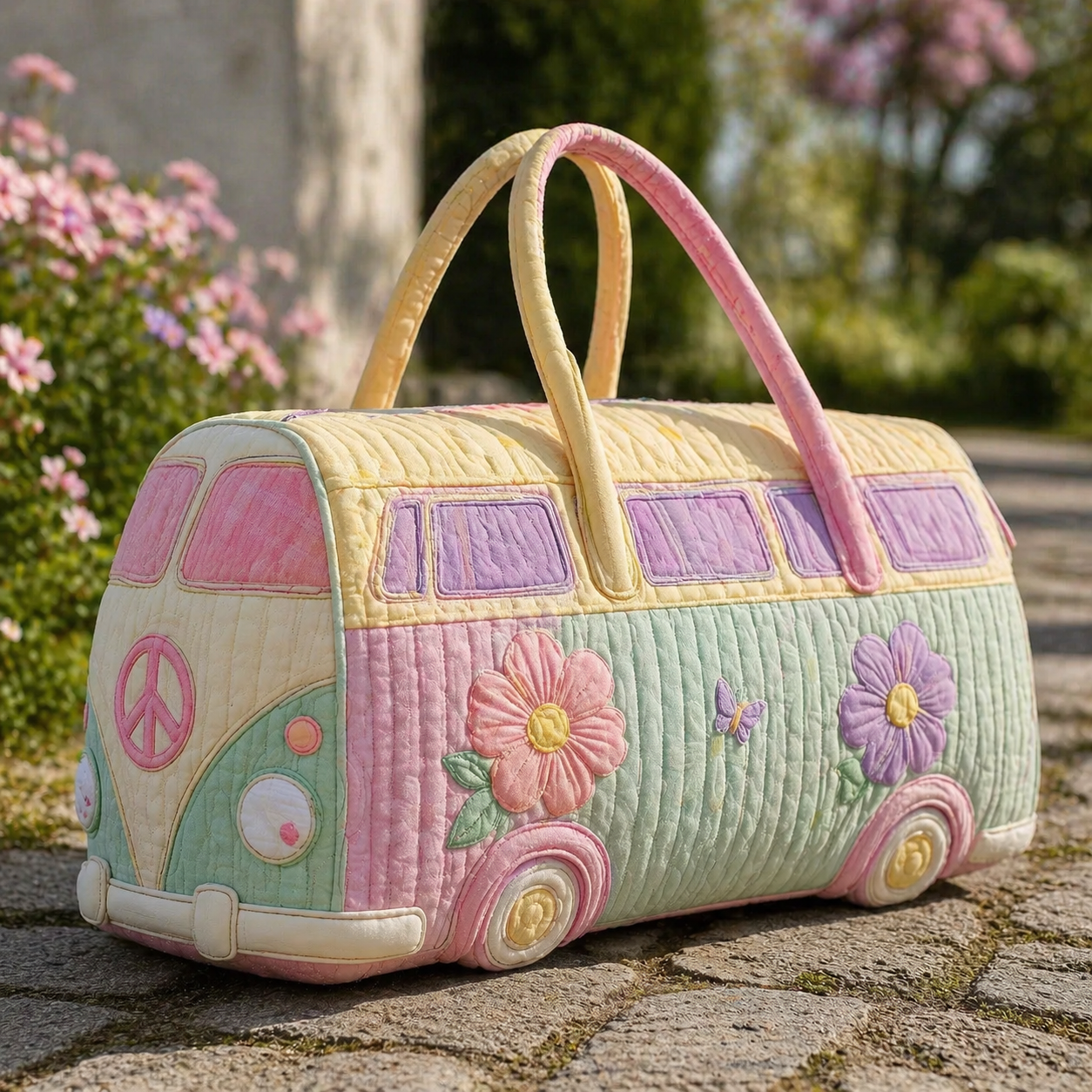 Pastel Floral & Butterfly Hippie Van Quilted Duffle Bag