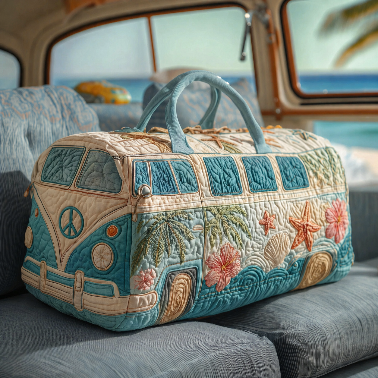 Tropical Hibiscus & Palm Hippie Van Quilted Duffle Bag