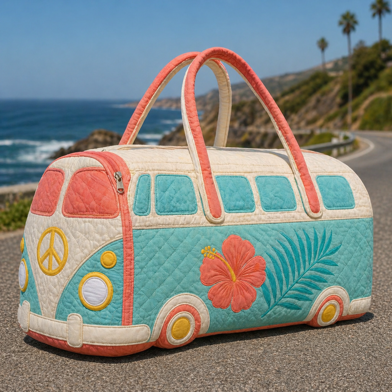 Tropical Hibiscus Hippie Van Quilted Duffle Bag
