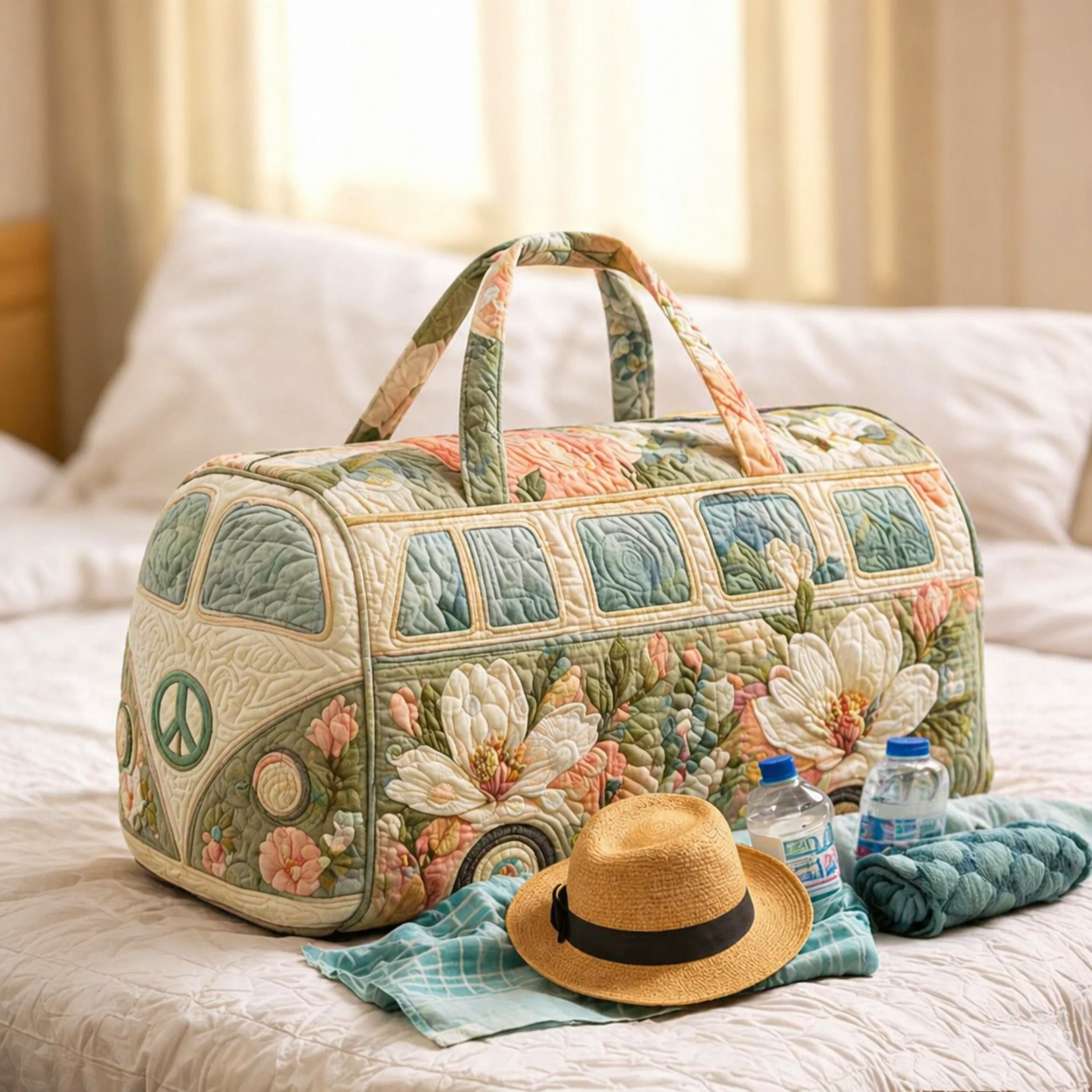 Magnolia Floral Hippie Van Quilted Duffle Bag