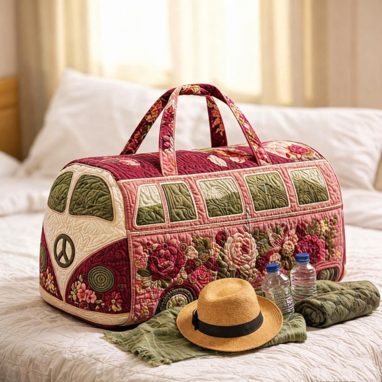 Rose Floral Hippie Van Quilted Duffle Bag