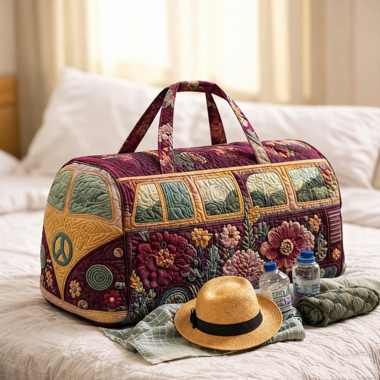 Rose Floral Hippie Van Quilted Duffle Bag