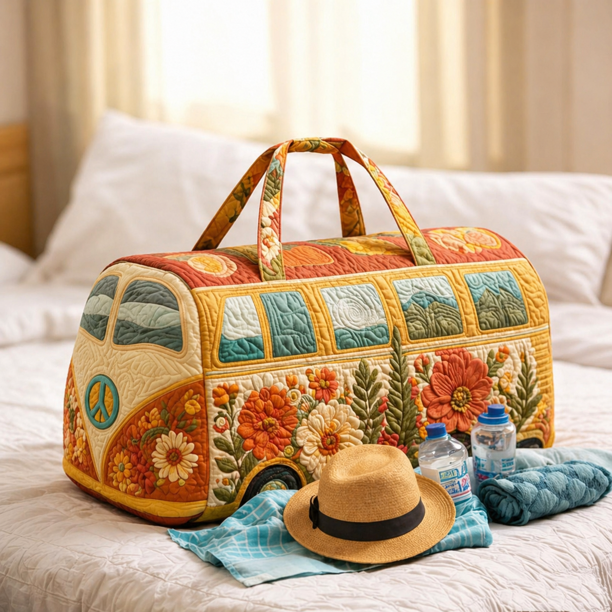 Sunset Bloom Hippie Van Quilted Duffle Bag