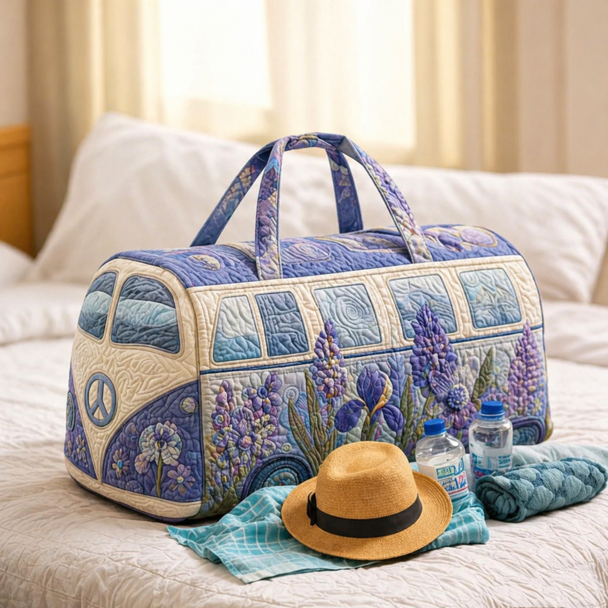 Mauve Meadow Peace Hippie Van Quilted Duffle Bag