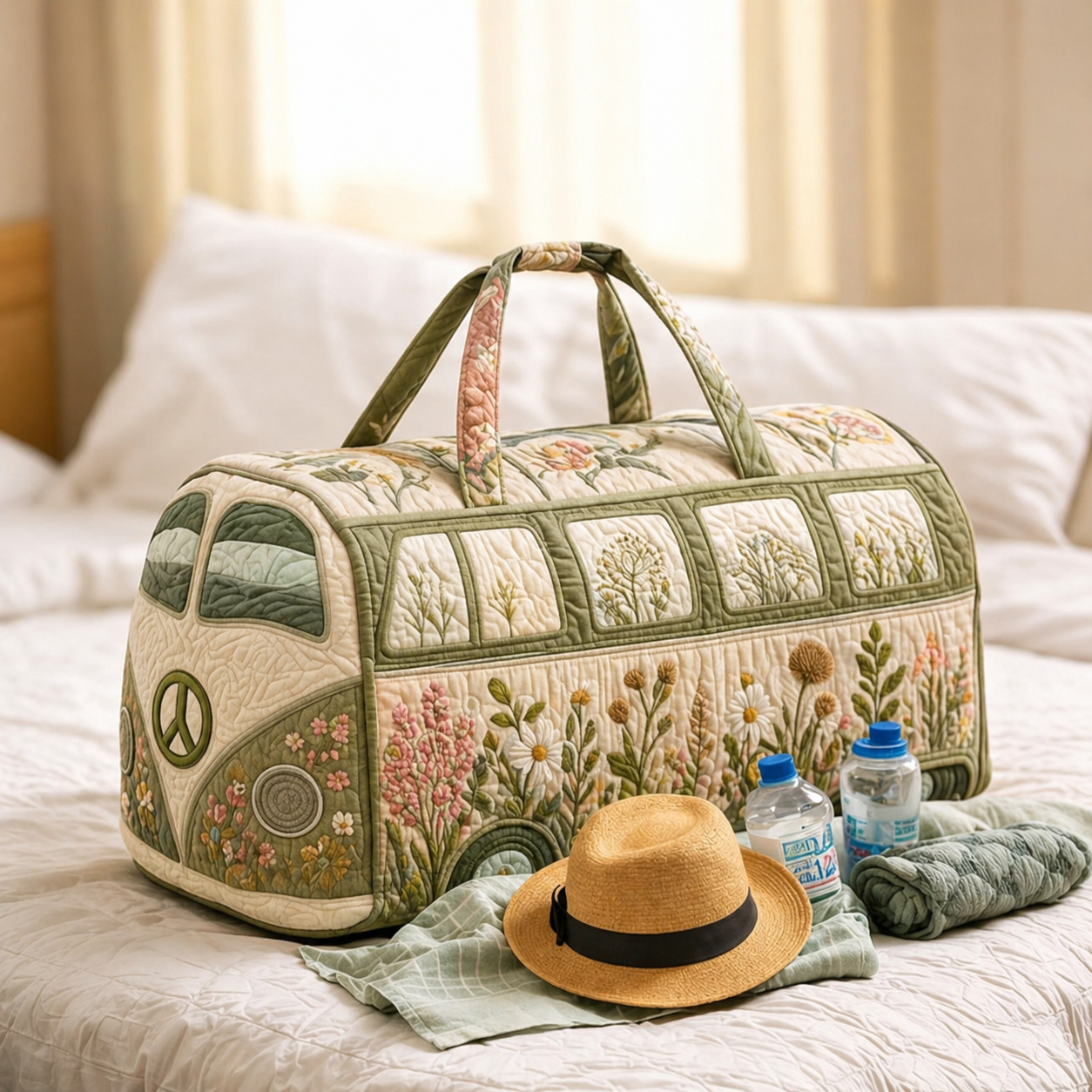 Wild Daisy Meadow Green Hippie Van Quilted Duffle Bag