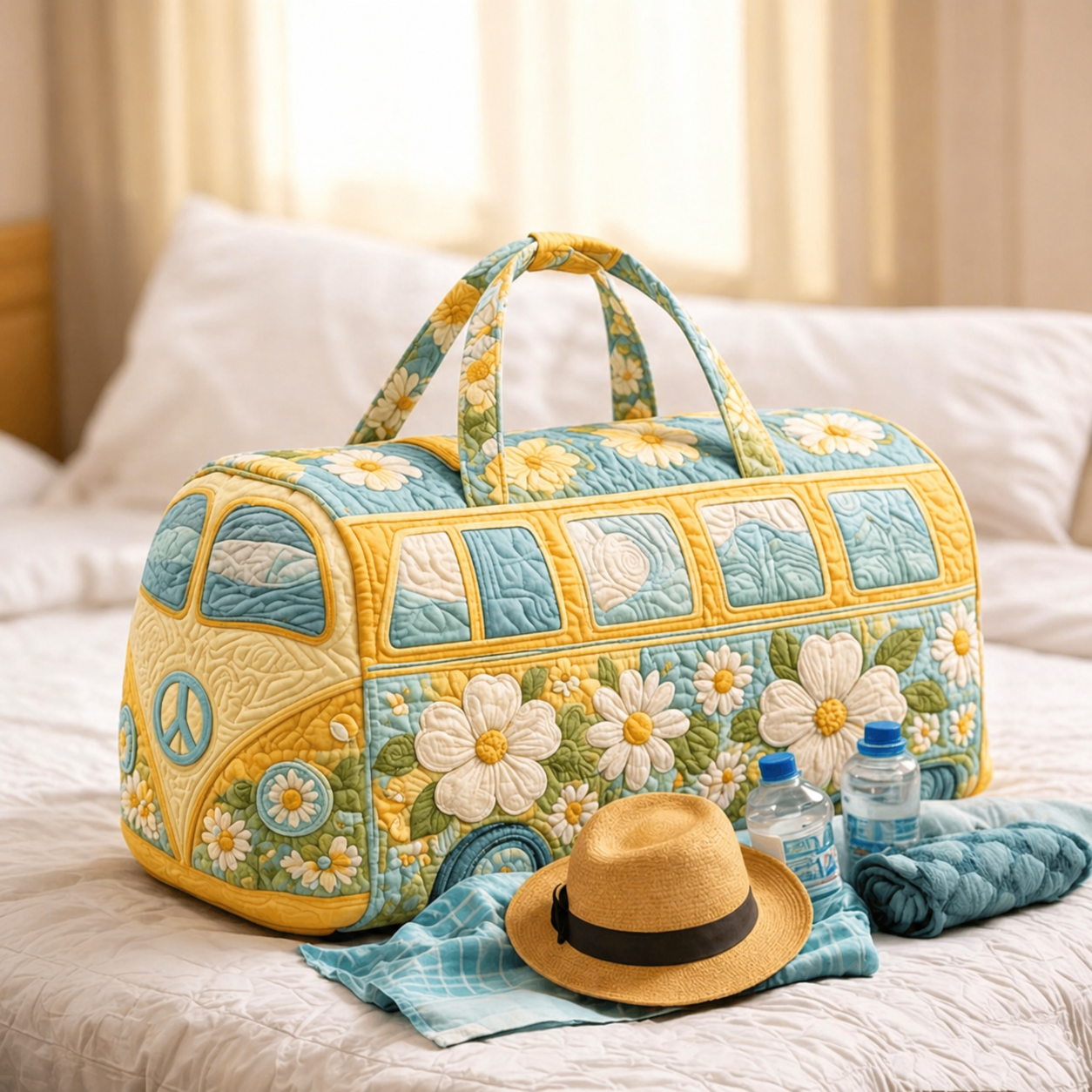 Sunny Daisy & Sky Blue Hippie Van Quilted Duffle Bag
