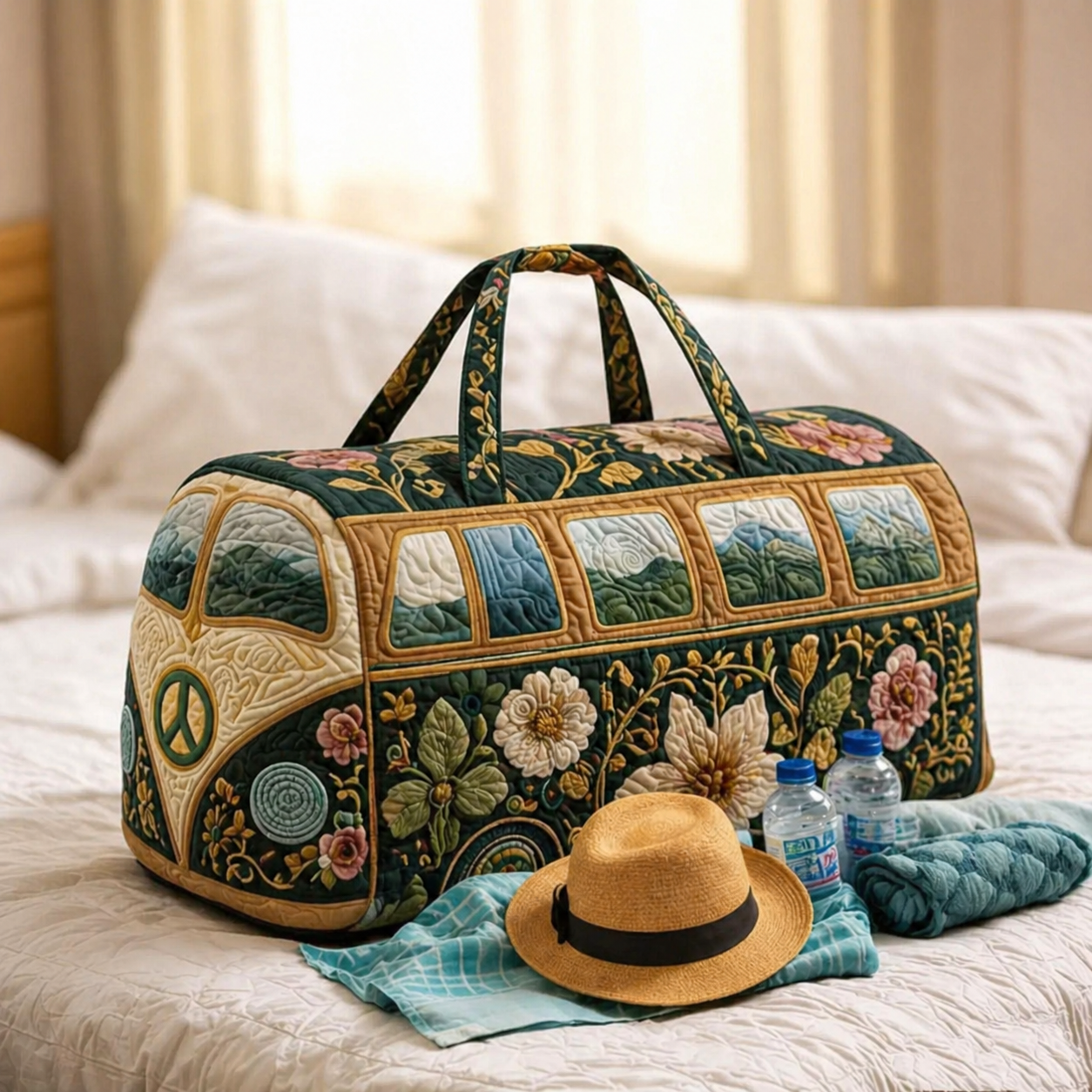 Emerald Cottagecore Hippie Van Quilted Duffle Bag